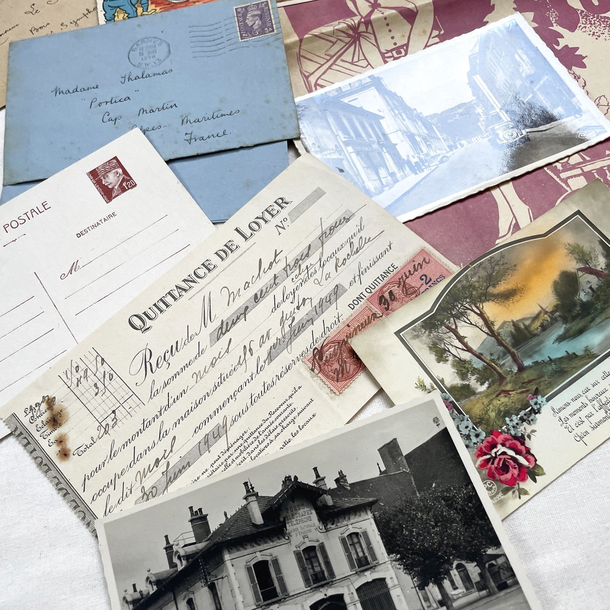 1940s - Vintage French Paper Ephemera Lot - Document Collection - Postcards - Invoices - Letters - Advertising - Scrapbooking Supply
