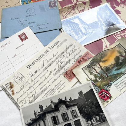 1940s - Vintage French Paper Ephemera Lot - Document Collection - Postcards - Invoices - Letters - Advertising - Scrapbooking Supply