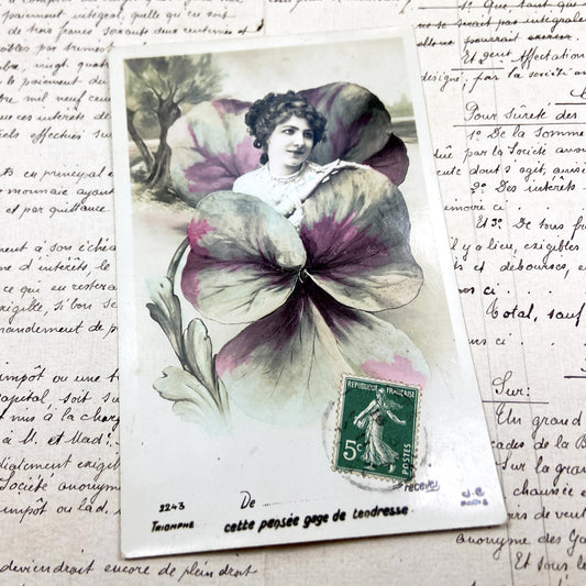 1900s - French Vintage Postcard - Beautiful Woman Portrait - Colorized Pansy Flower Frame - Sentimental Message - Ephemera Collectible
