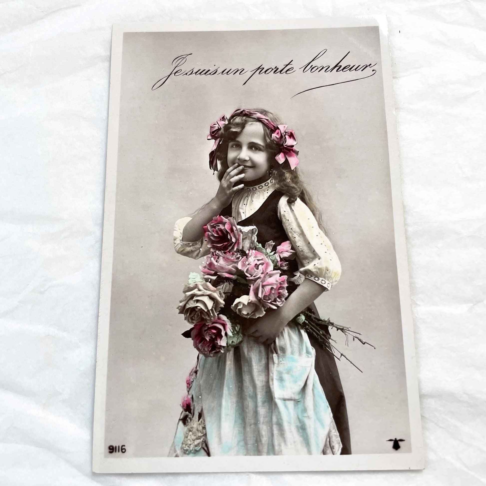 1900s - Vintage French Postcard - Lucky Charm Girl Photo - Hand Tinted Roses - Sepia Tone Portrait - Antique Ephemera Collectible