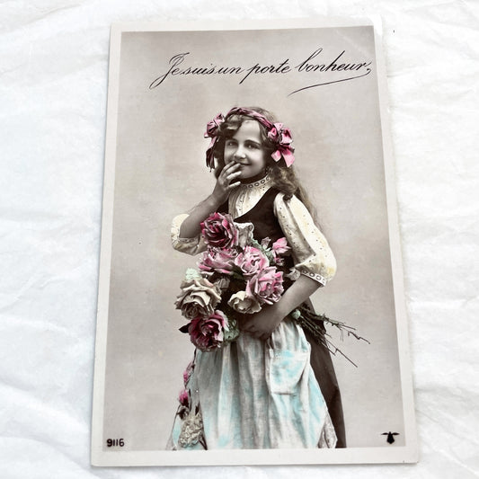 1900s - Vintage French Postcard - Lucky Charm Girl Photo - Hand Tinted Roses - Sepia Tone Portrait - Antique Ephemera Collectible