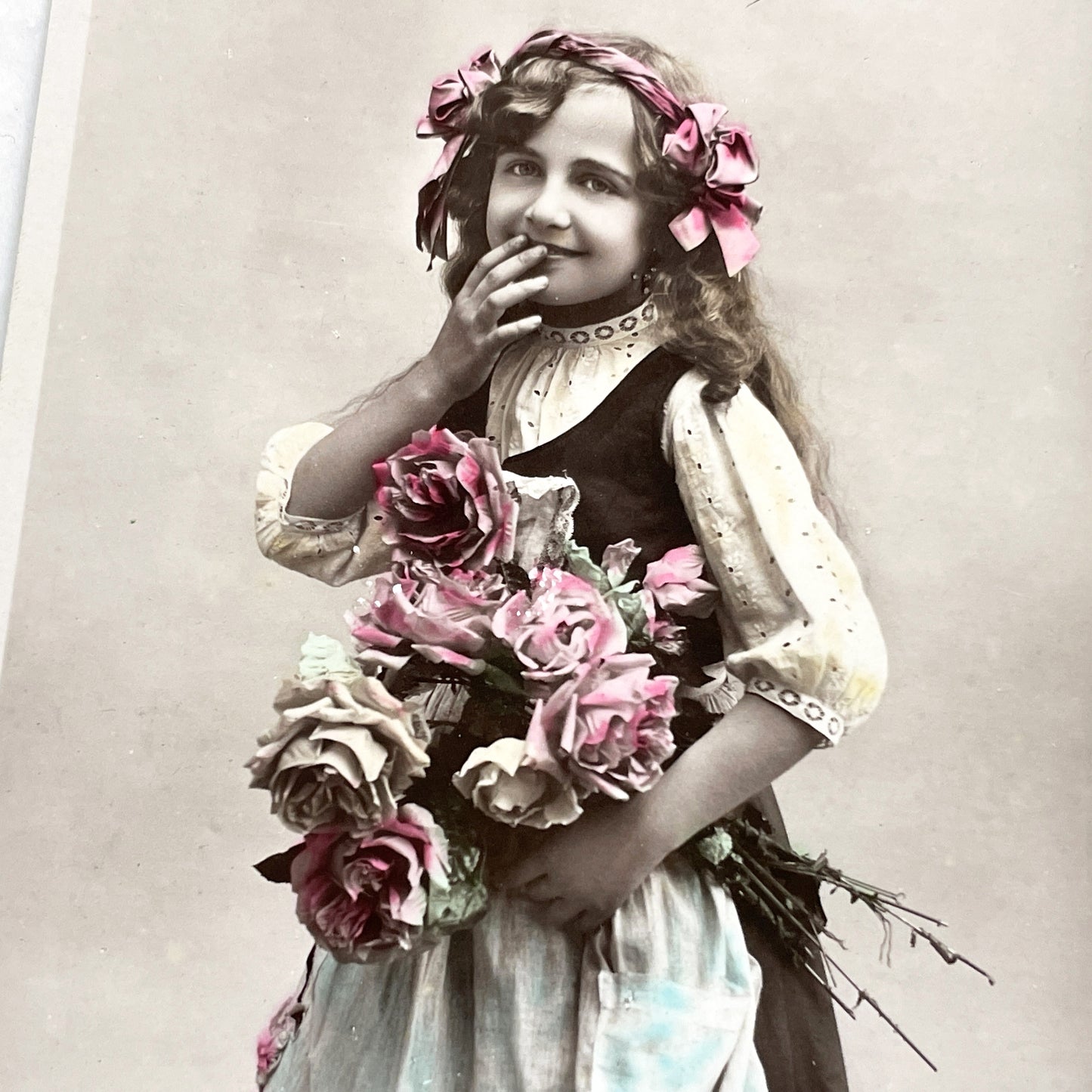 1900s - Vintage French Postcard - Lucky Charm Girl Photo - Hand Tinted Roses - Sepia Tone Portrait - Antique Ephemera Collectible