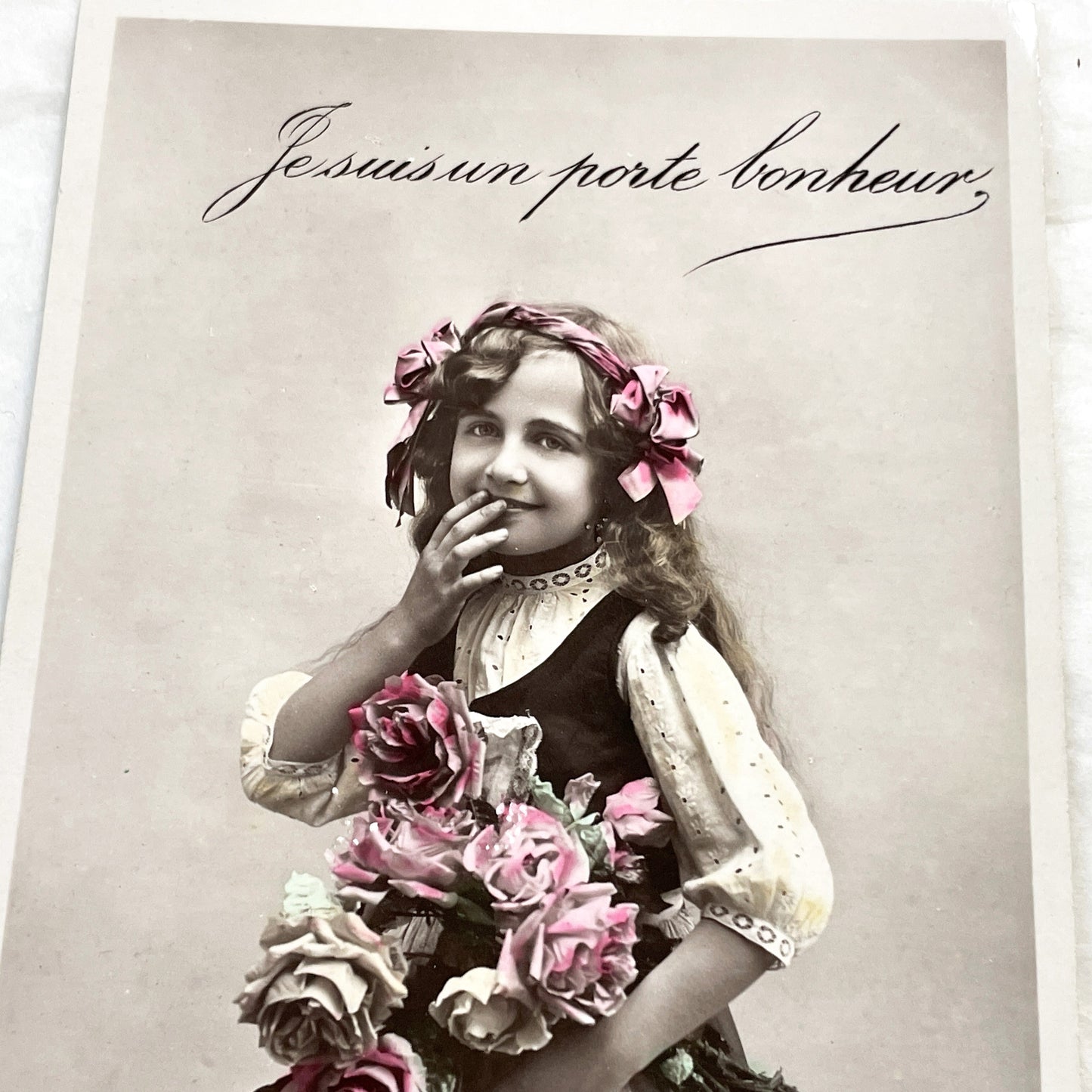 1900s - Vintage French Postcard - Lucky Charm Girl Photo - Hand Tinted Roses - Sepia Tone Portrait - Antique Ephemera Collectible