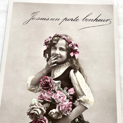 1900s - Vintage French Postcard - Lucky Charm Girl Photo - Hand Tinted Roses - Sepia Tone Portrait - Antique Ephemera Collectible