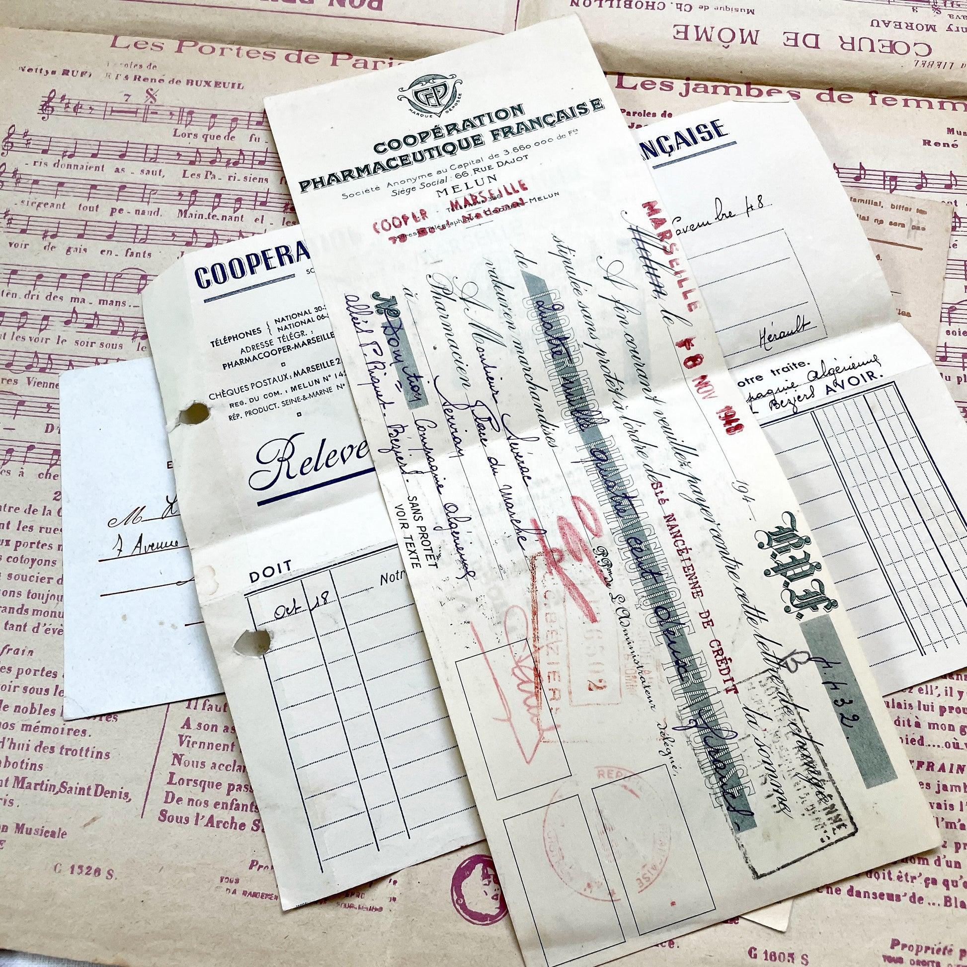 1940s - Vintage French Paper Ephemera Lot - Document Collection - Postcards - Invoices - Letters - Advertising - Scrapbooking Supply