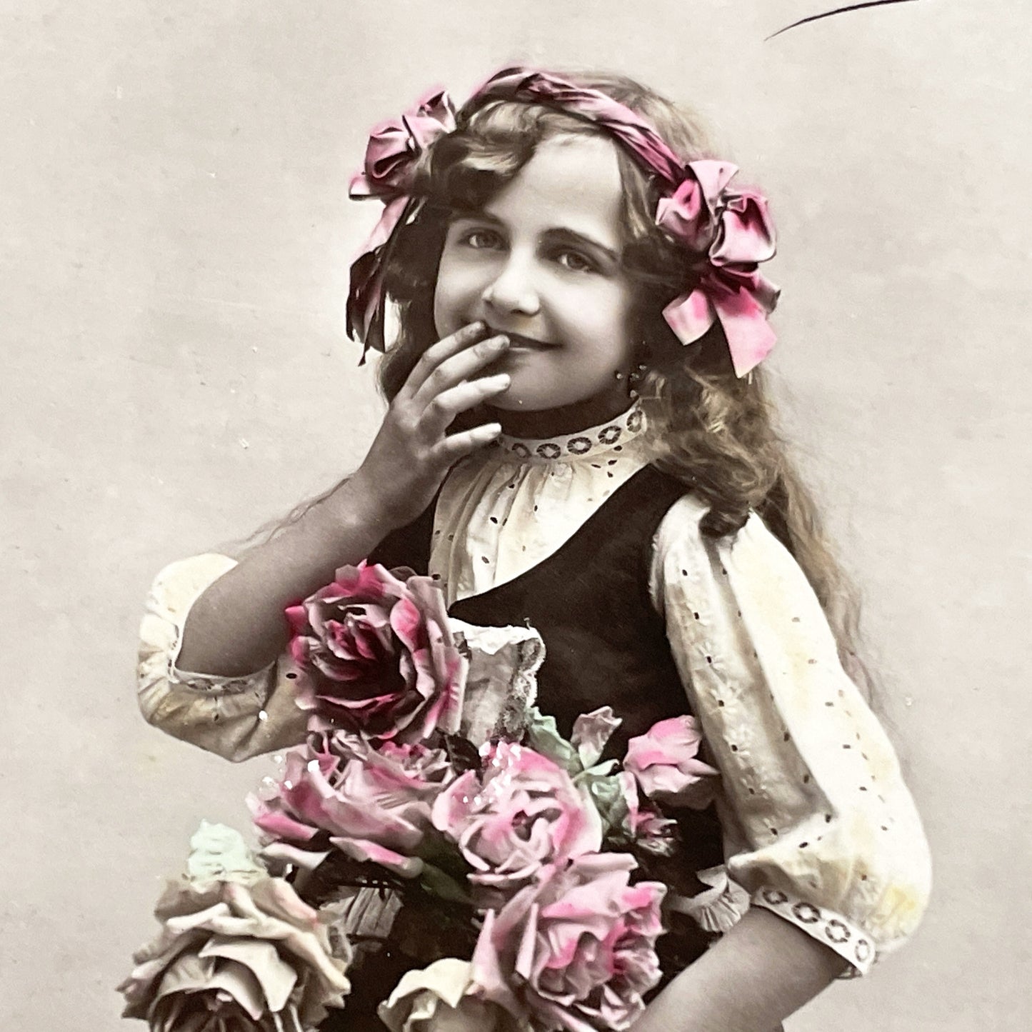 1900s - Vintage French Postcard - Lucky Charm Girl Photo - Hand Tinted Roses - Sepia Tone Portrait - Antique Ephemera Collectible