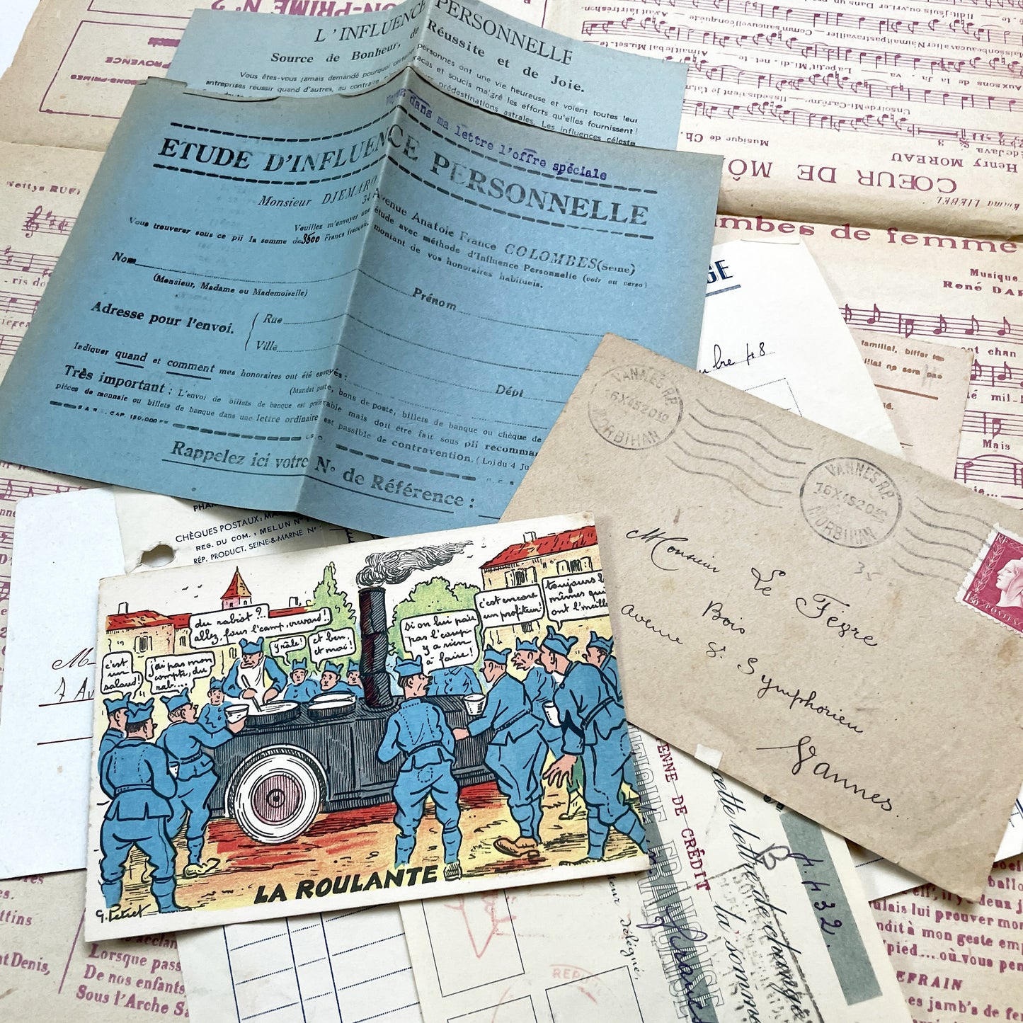 1940s - Vintage French Paper Ephemera Lot - Document Collection - Postcards - Invoices - Letters - Advertising - Scrapbooking Supply