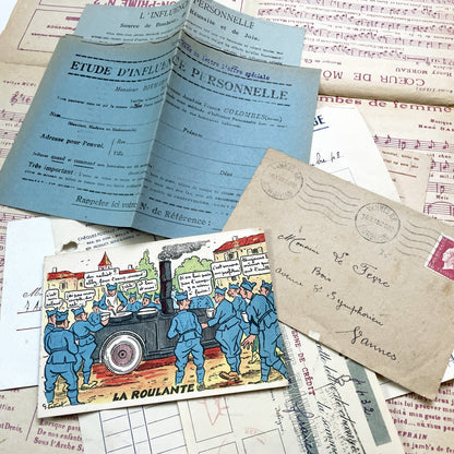 1940s - Vintage French Paper Ephemera Lot - Document Collection - Postcards - Invoices - Letters - Advertising - Scrapbooking Supply