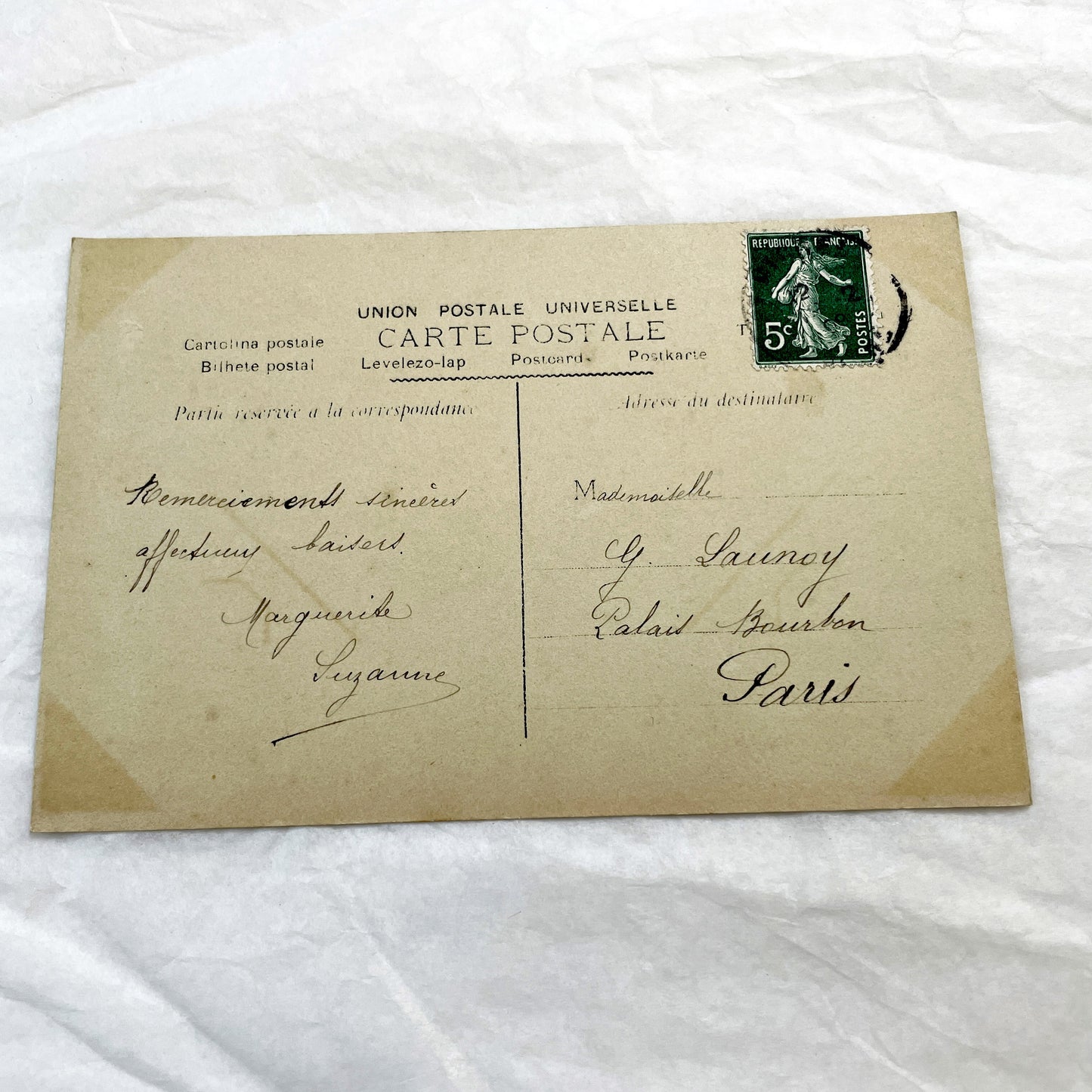 1900s - Vintage French Postcard - Lucky Charm Girl Photo - Hand Tinted Roses - Sepia Tone Portrait - Antique Ephemera Collectible