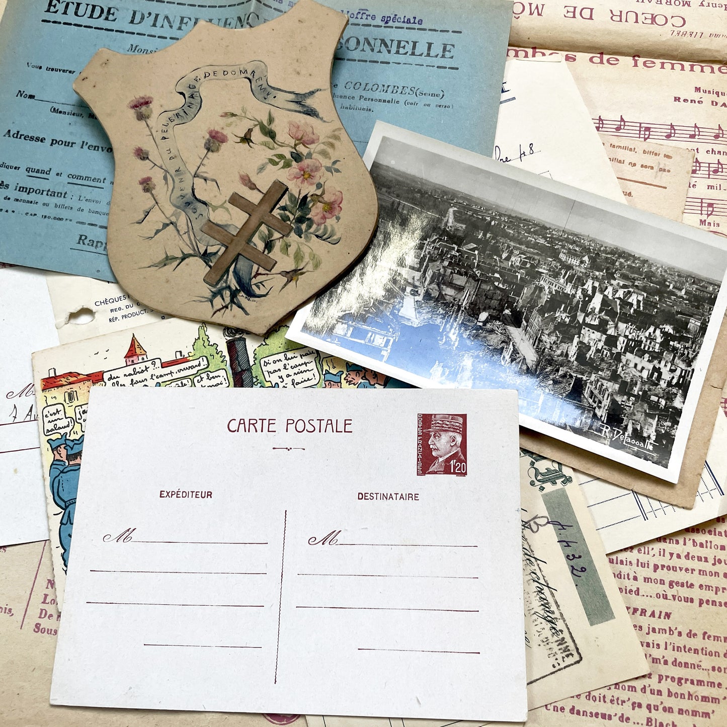 1940s - Vintage French Paper Ephemera Lot - Document Collection - Postcards - Invoices - Letters - Advertising - Scrapbooking Supply