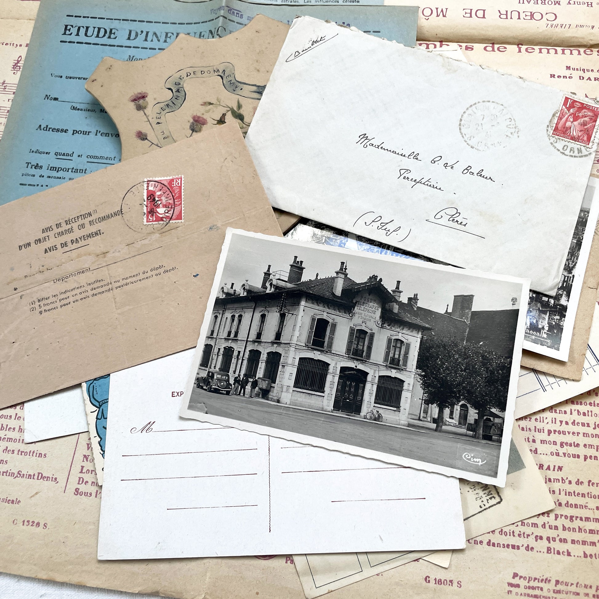1940s - Vintage French Paper Ephemera Lot - Document Collection - Postcards - Invoices - Letters - Advertising - Scrapbooking Supply