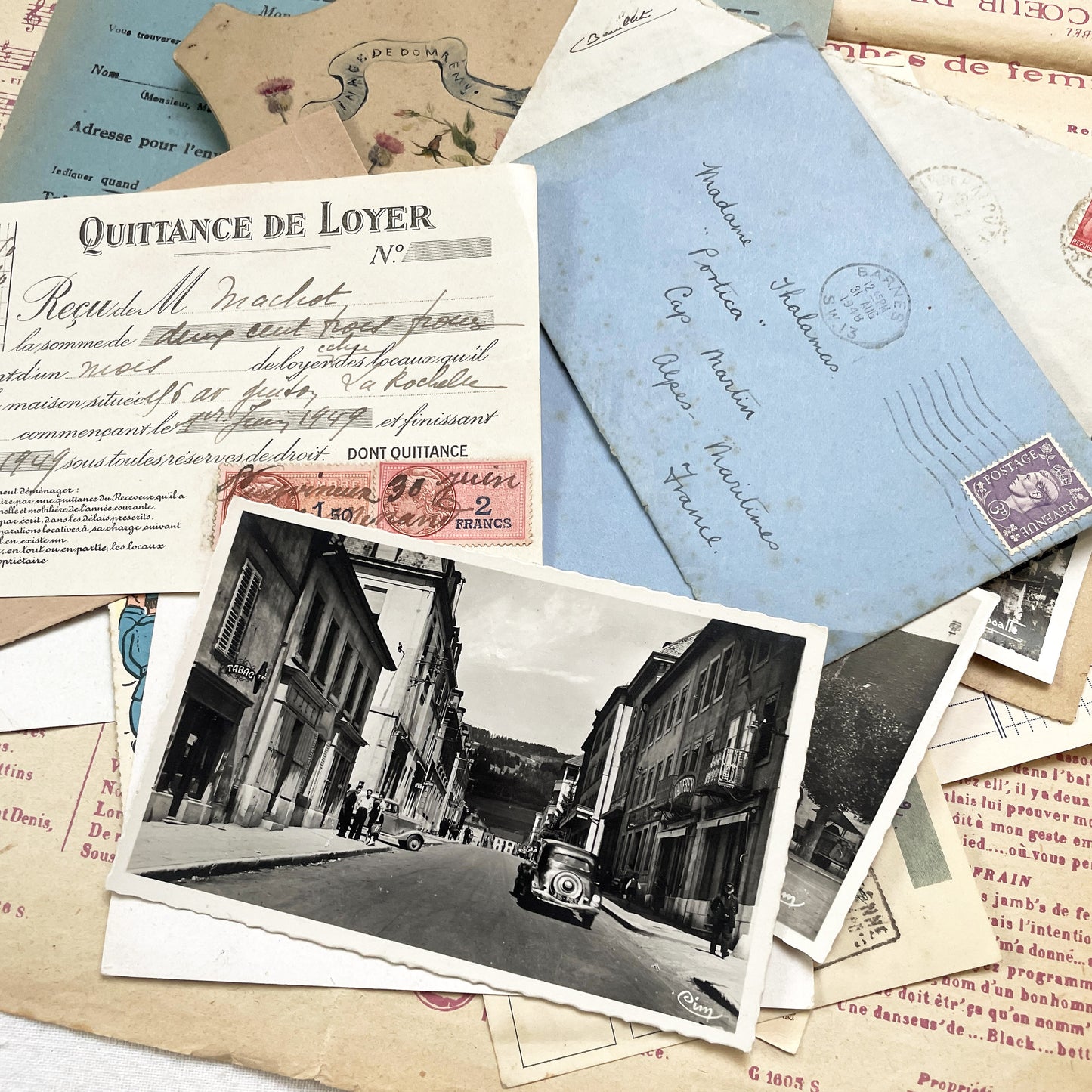 1940s - Vintage French Paper Ephemera Lot - Document Collection - Postcards - Invoices - Letters - Advertising - Scrapbooking Supply