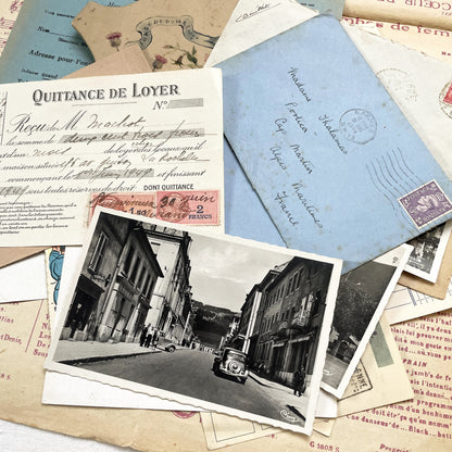 1940s - Vintage French Paper Ephemera Lot - Document Collection - Postcards - Invoices - Letters - Advertising - Scrapbooking Supply