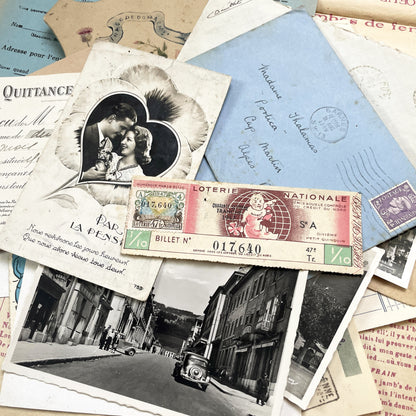 1940s - Vintage French Paper Ephemera Lot - Document Collection - Postcards - Invoices - Letters - Advertising - Scrapbooking Supply
