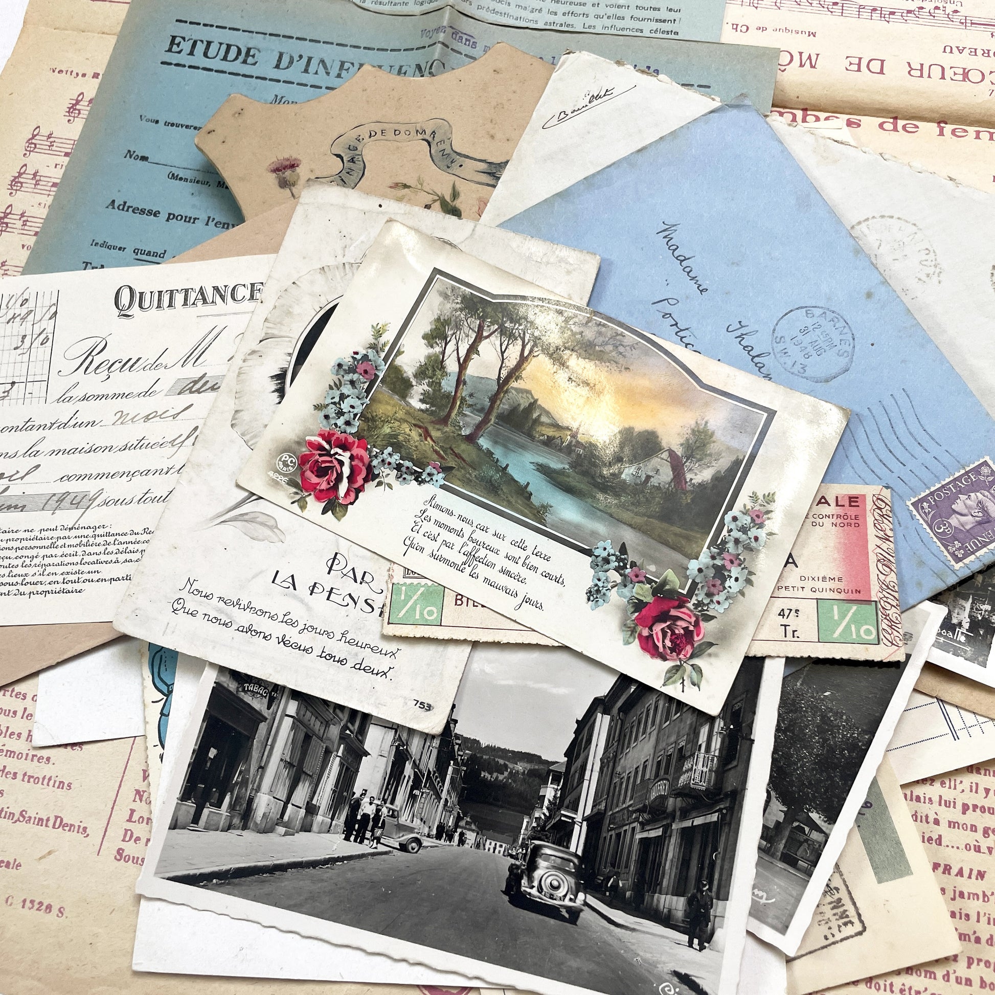 1940s - Vintage French Paper Ephemera Lot - Document Collection - Postcards - Invoices - Letters - Advertising - Scrapbooking Supply