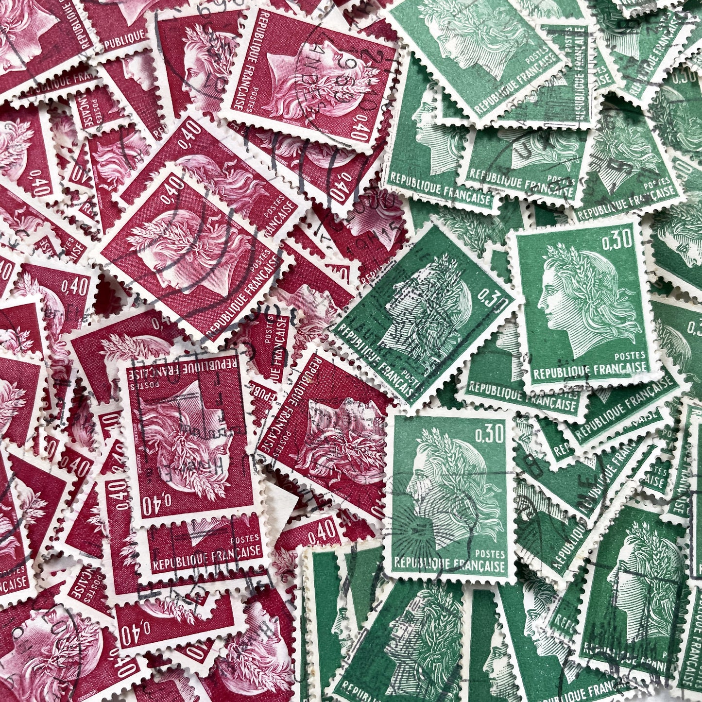 1960s - Lot of 50 French Marianne stamps – Vintage red or green paper ephemera for crafts and collection