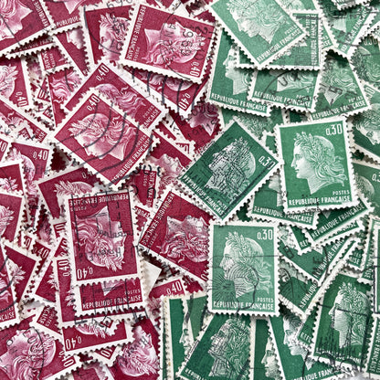 1960s - Lot of 50 French Marianne stamps – Vintage red or green paper ephemera for crafts and collection