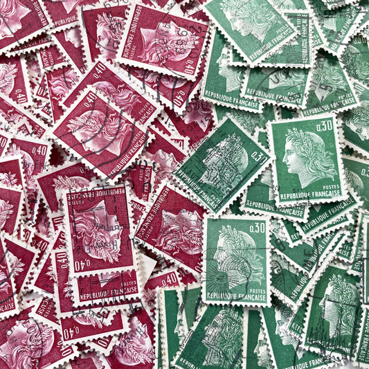 1960s - Lot of 50 French Marianne stamps – Vintage red or green paper ephemera for crafts and collection