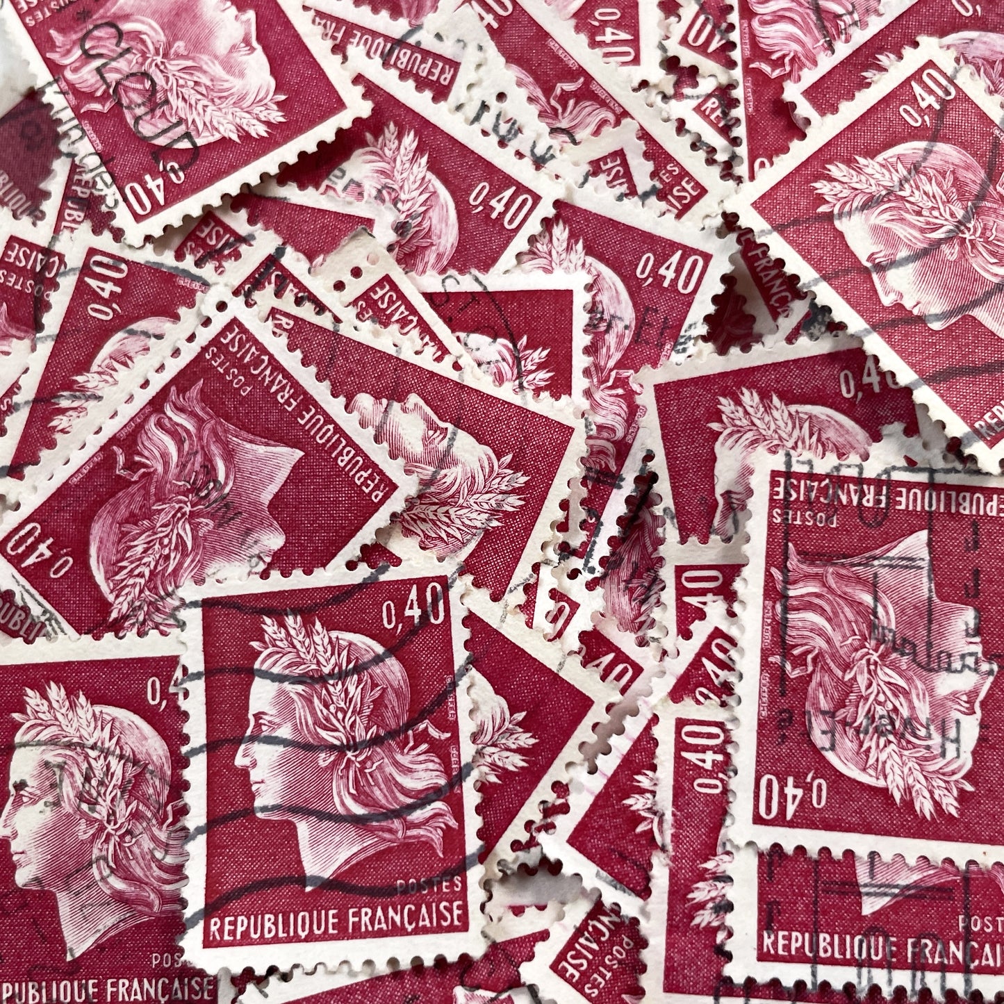 1960s - Lot of 50 French Marianne stamps – Vintage red or green paper ephemera for crafts and collection