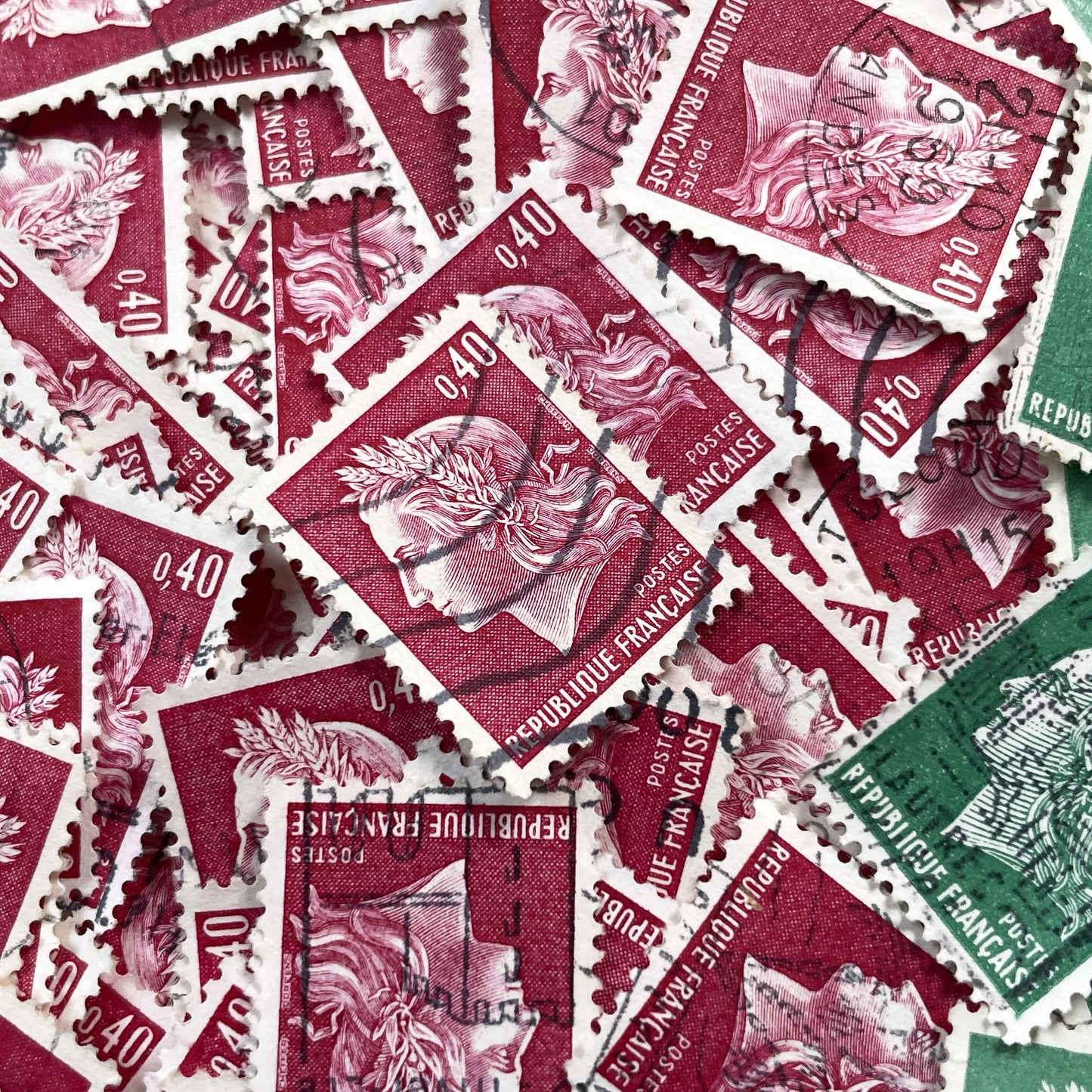 1960s - Lot of 50 French Marianne stamps – Vintage red or green paper ephemera for crafts and collection