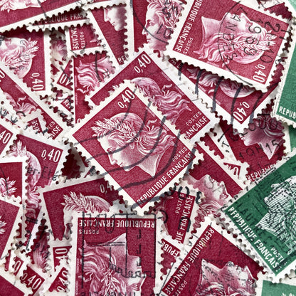 1960s - Lot of 50 French Marianne stamps – Vintage red or green paper ephemera for crafts and collection
