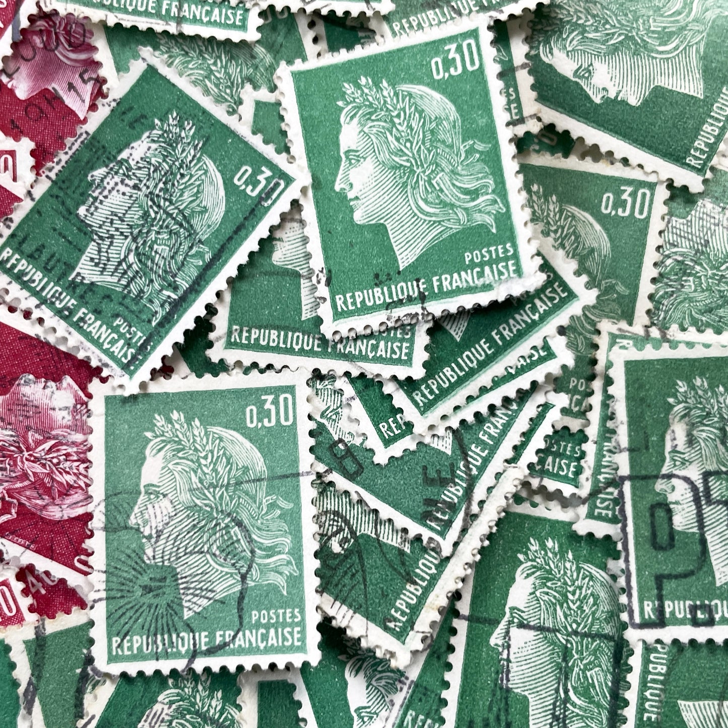 1960s - Lot of 50 French Marianne stamps – Vintage red or green paper ephemera for crafts and collection