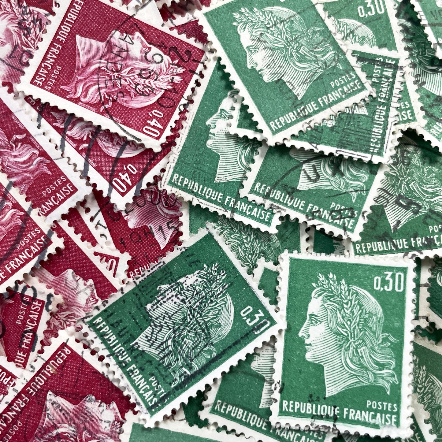 1960s - Lot of 50 French Marianne stamps – Vintage red or green paper ephemera for crafts and collection