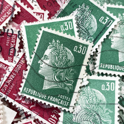 1960s - Lot of 50 French Marianne stamps – Vintage red or green paper ephemera for crafts and collection