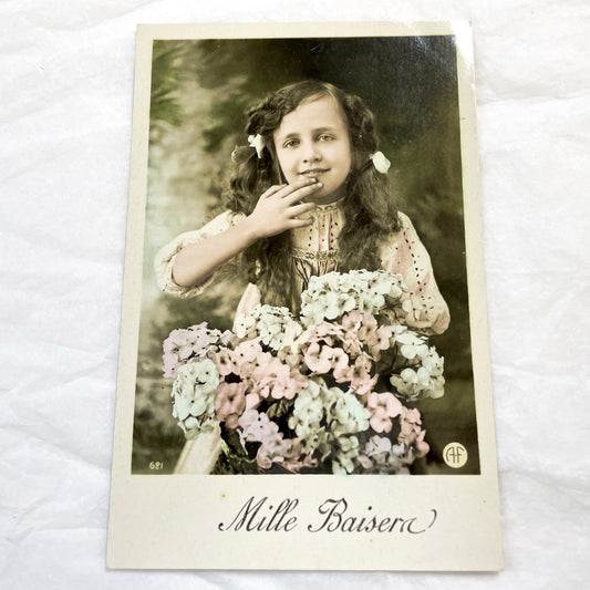 1910s - Antique French Postcard - Charming Hand Tinted Young Girl Portrait - Floral Bouquet - Mille Baisers Greeting Card