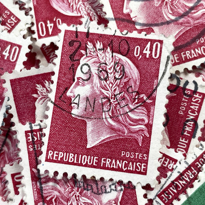 1960s - Lot of 50 French Marianne stamps – Vintage red or green paper ephemera for crafts and collection