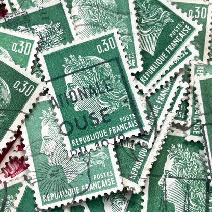 1960s - Lot of 50 French Marianne stamps – Vintage red or green paper ephemera for crafts and collection