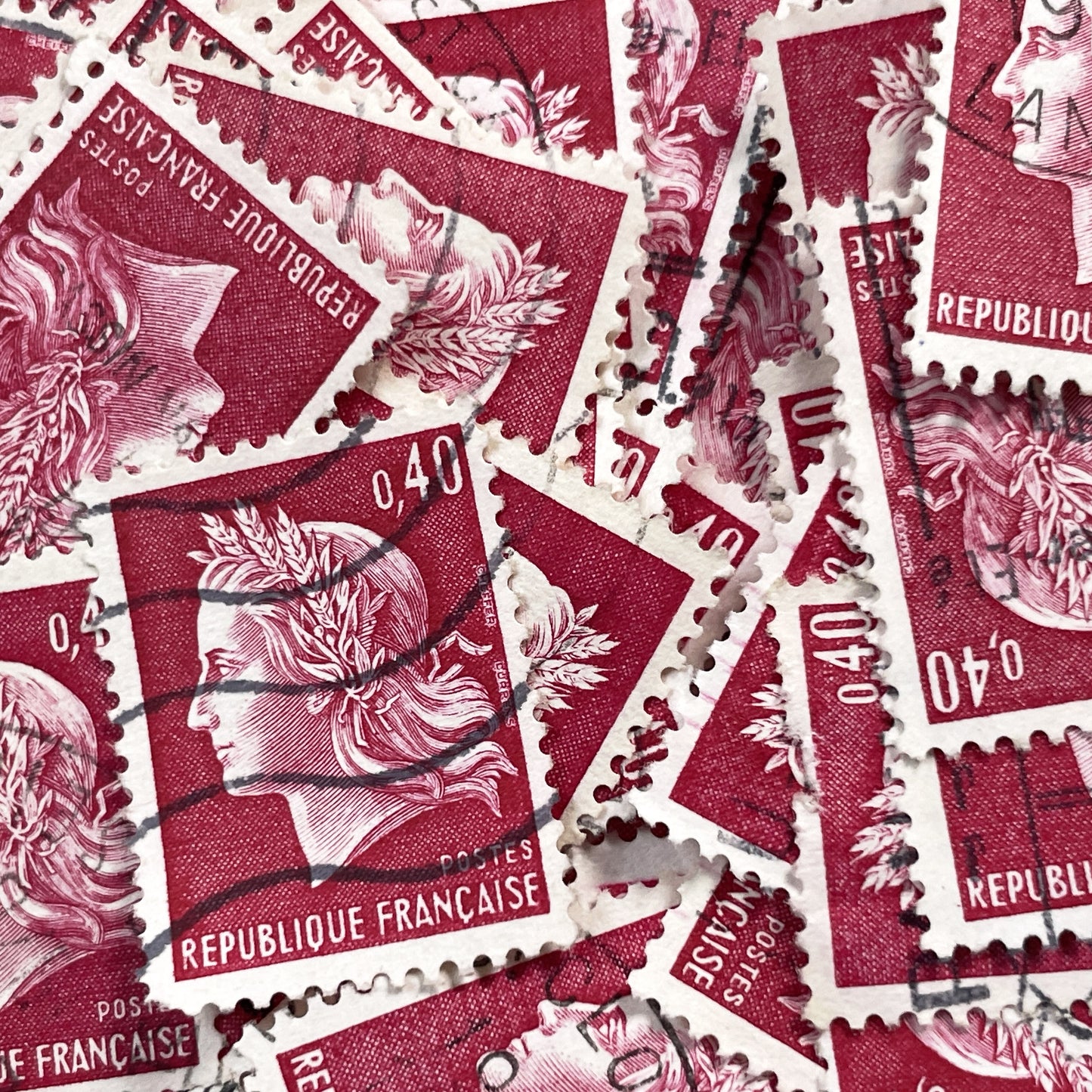 1960s - Lot of 50 French Marianne stamps – Vintage red or green paper ephemera for crafts and collection
