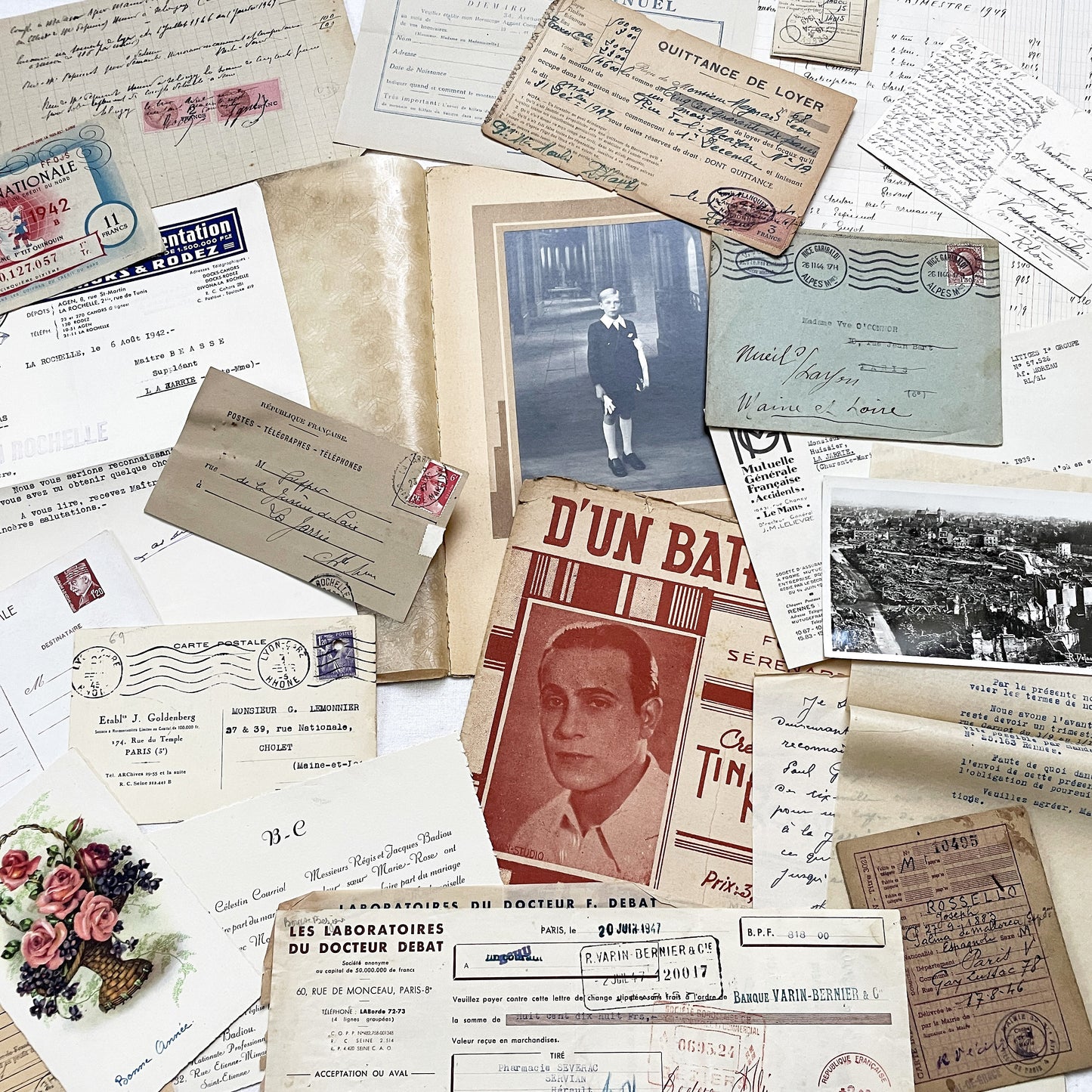 1940s - French WWII Era Ephemera - Vintage Documents Lot - Historical Paper Collection - Letters - Invoices - Postcards - Photos