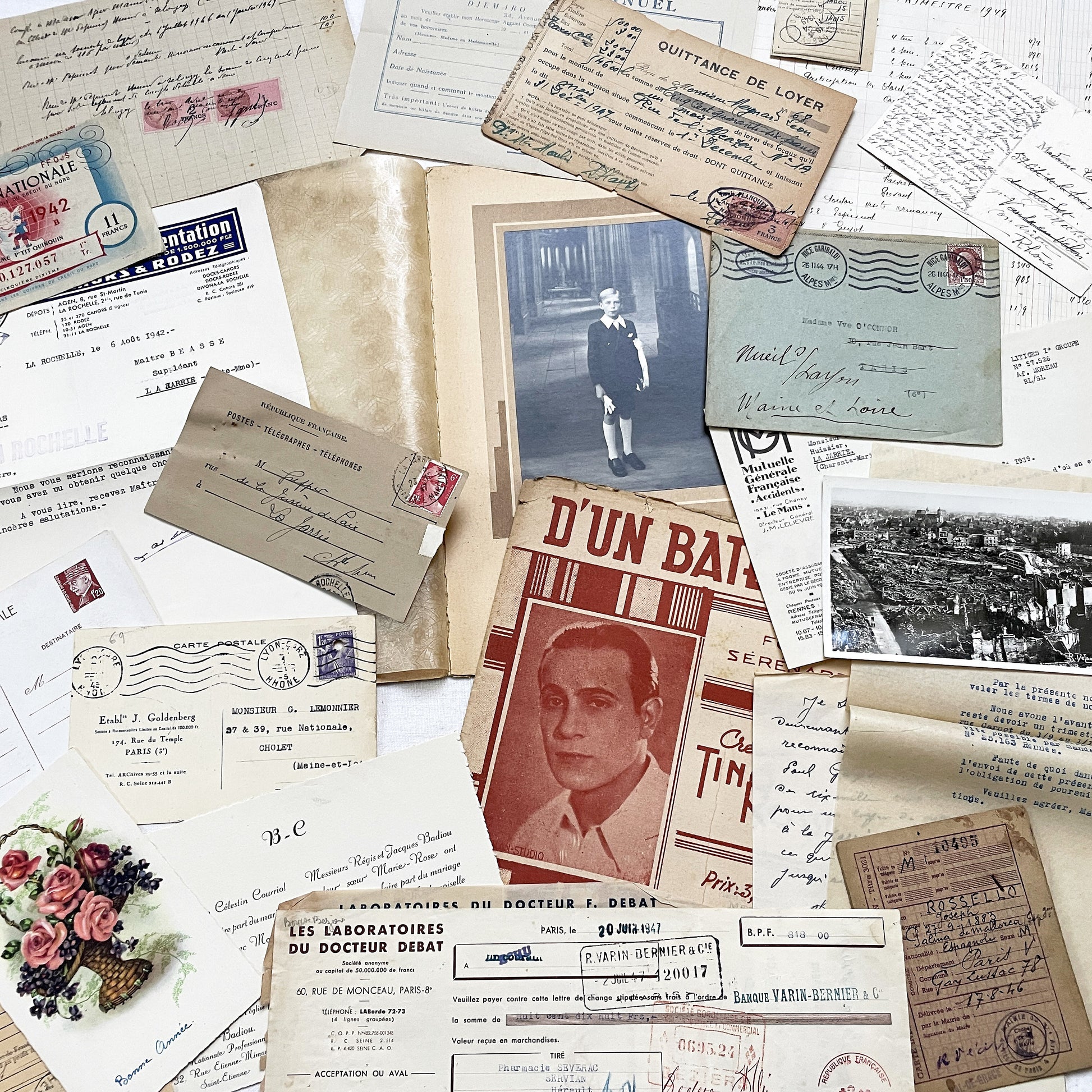 1940s - French WWII Era Ephemera - Vintage Documents Lot - Historical Paper Collection - Letters - Invoices - Postcards - Photos