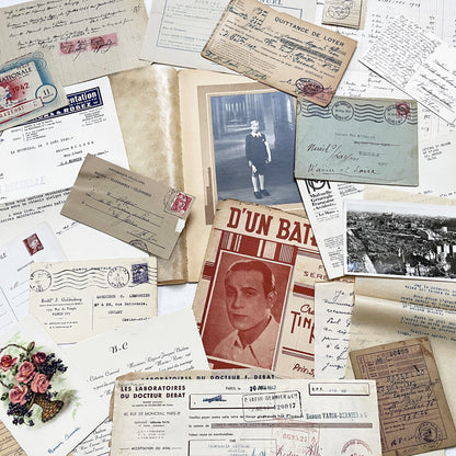 1940s - French WWII Era Ephemera - Vintage Documents Lot - Historical Paper Collection - Letters - Invoices - Postcards - Photos