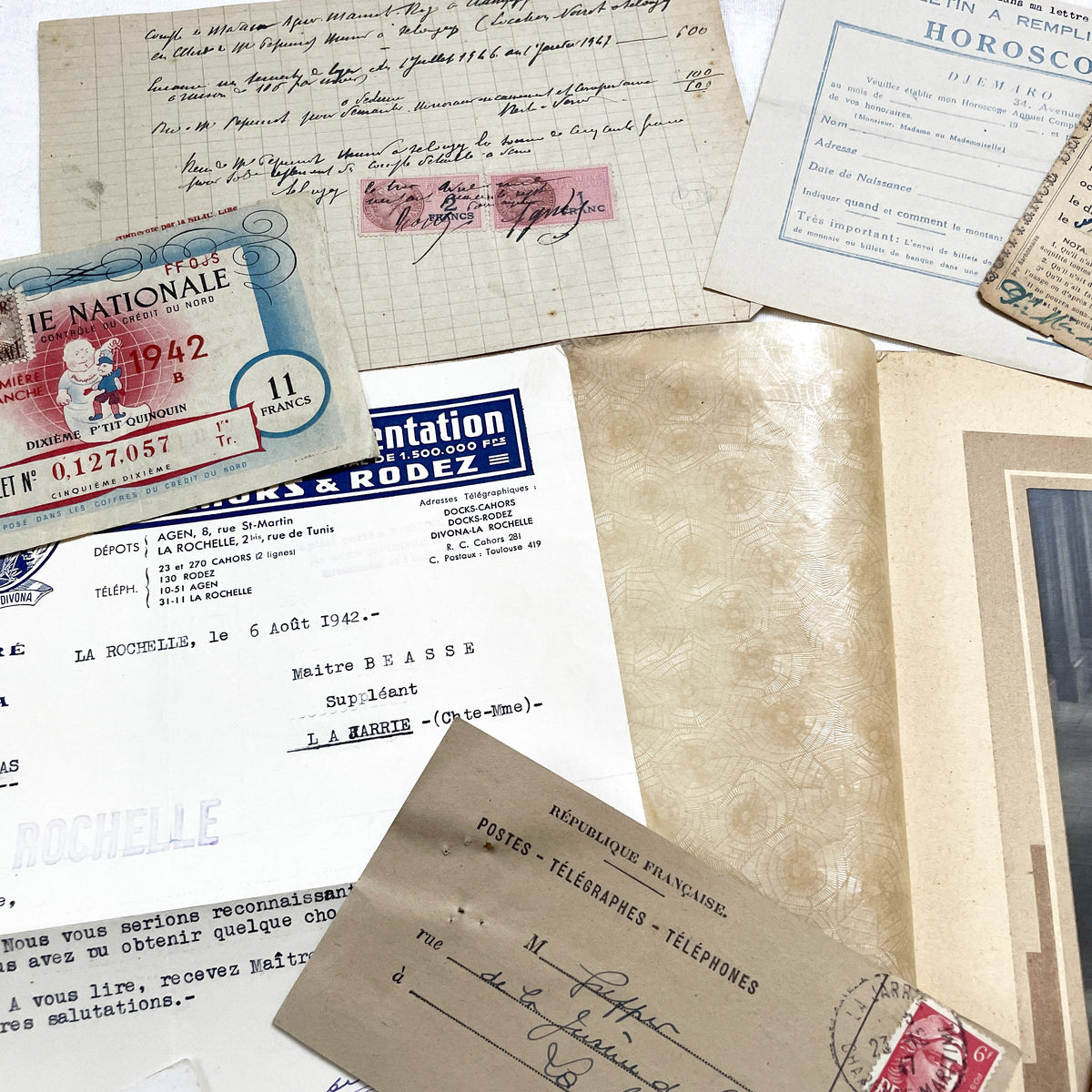1940s - French WWII Era Ephemera - Vintage Documents Lot - Historical Paper Collection - Letters - Invoices - Postcards - Photos