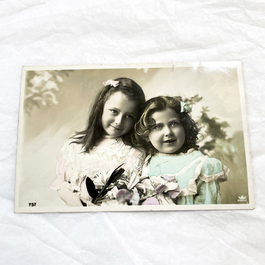 1900s - Antique French Hand-Colored Portrait Postcard - Two Smiling Little Girls - Vintage Children Sepia Photo - Paris