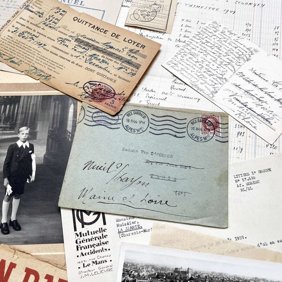1940s - French WWII Era Ephemera - Vintage Documents Lot - Historical Paper Collection - Letters - Invoices - Postcards - Photos