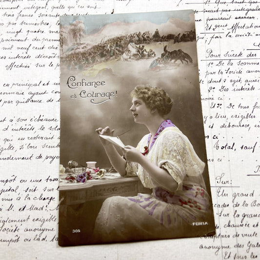 1910s - Vintage French Postcard - Woman Reading Letter - WWI Era Sentiment - Handwritten Postcard