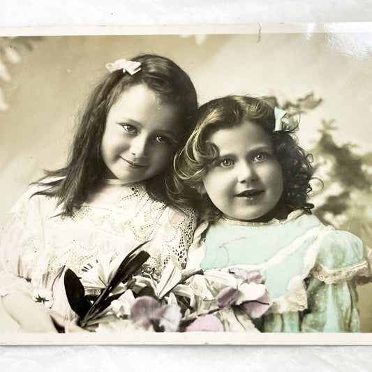 1900s - Antique French Hand-Colored Portrait Postcard - Two Smiling Little Girls - Vintage Children Sepia Photo - Paris