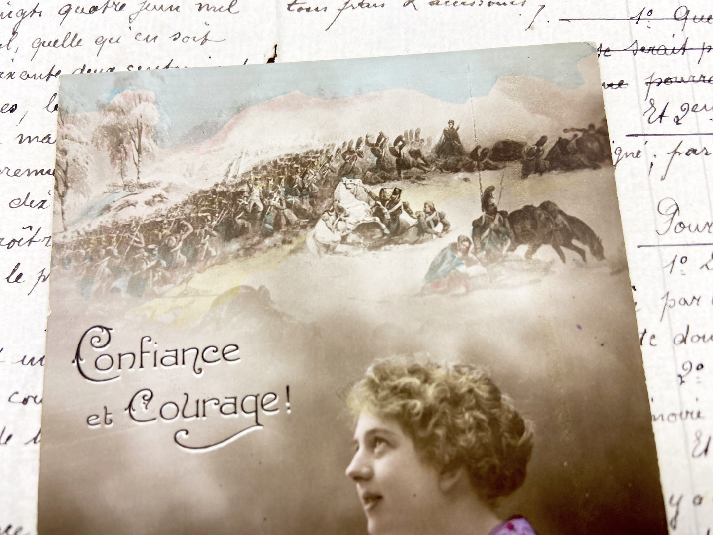 1910s - Vintage French Postcard - Woman Reading Letter - WWI Era Sentiment - Handwritten Postcard