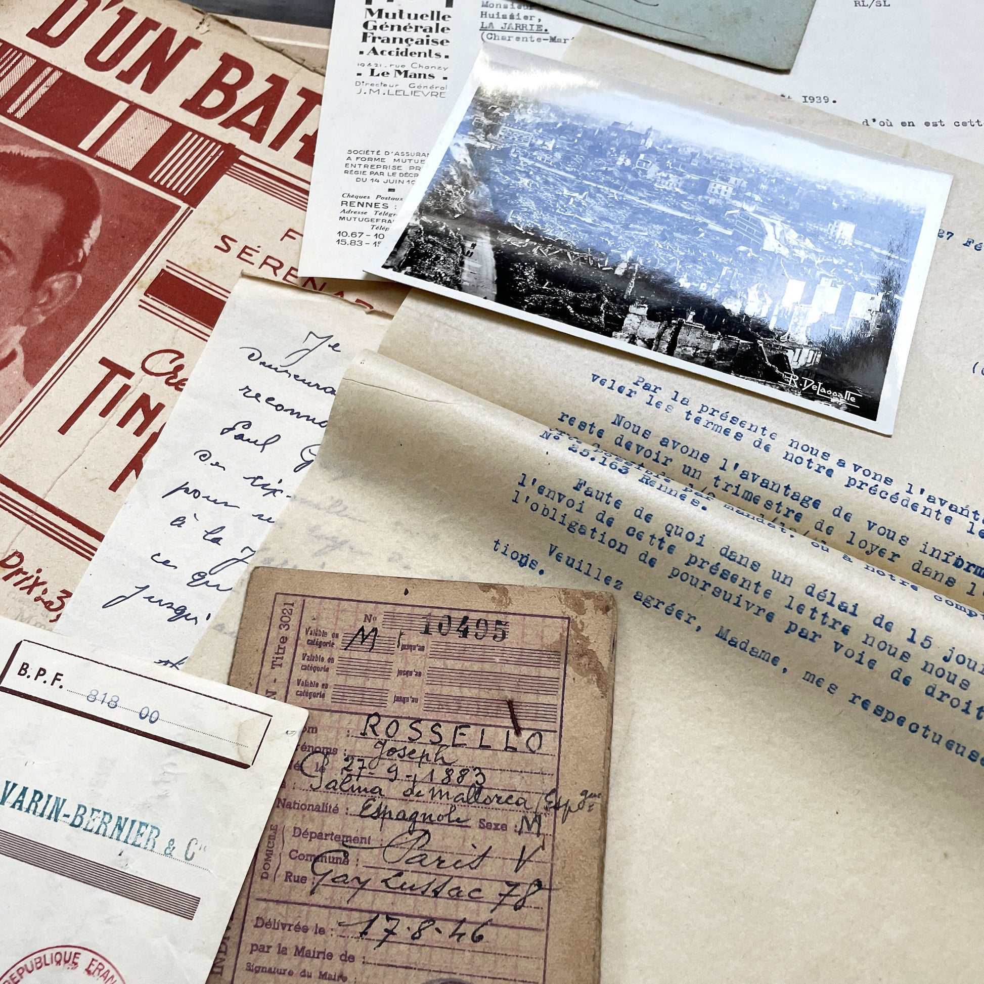 1940s - French WWII Era Ephemera - Vintage Documents Lot - Historical Paper Collection - Letters - Invoices - Postcards - Photos