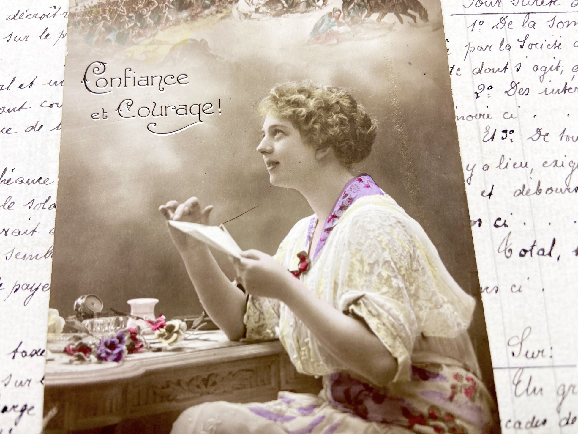 1910s - Vintage French Postcard - Woman Reading Letter - WWI Era Sentiment - Handwritten Postcard