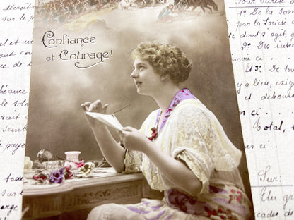 1910s - Vintage French Postcard - Woman Reading Letter - WWI Era Sentiment - Handwritten Postcard