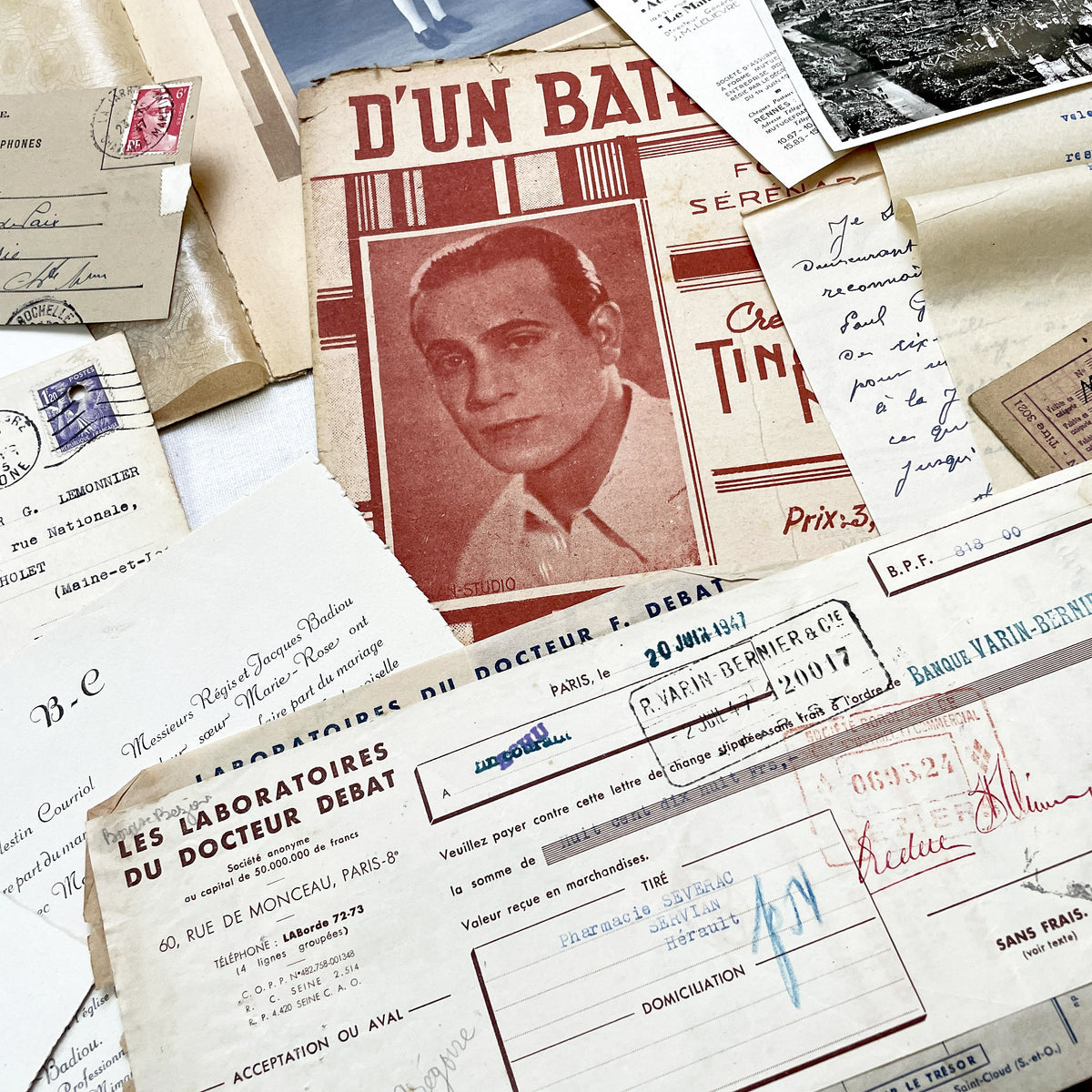 1940s - French WWII Era Ephemera - Vintage Documents Lot - Historical Paper Collection - Letters - Invoices - Postcards - Photos