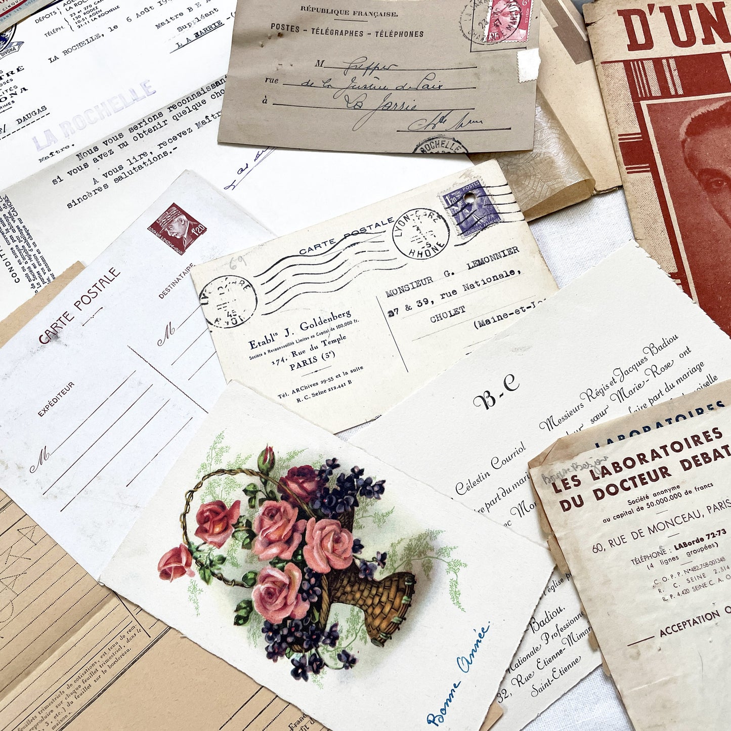 1940s - French WWII Era Ephemera - Vintage Documents Lot - Historical Paper Collection - Letters - Invoices - Postcards - Photos