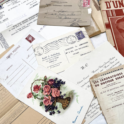 1940s - French WWII Era Ephemera - Vintage Documents Lot - Historical Paper Collection - Letters - Invoices - Postcards - Photos