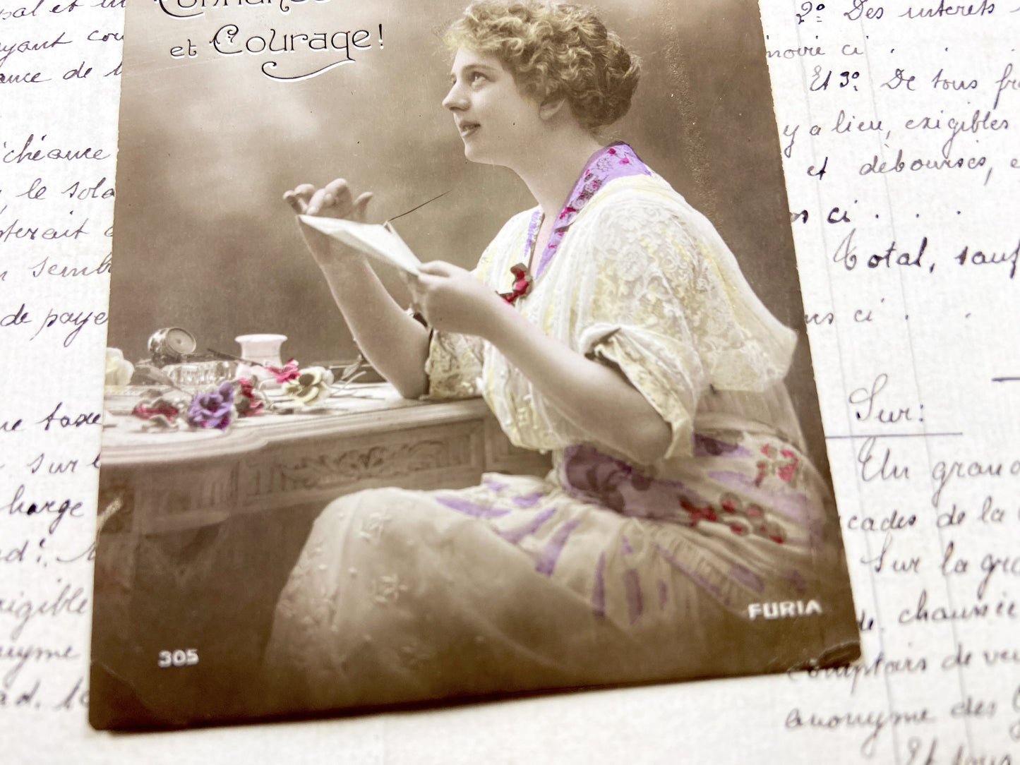 1910s - Vintage French Postcard - Woman Reading Letter - WWI Era Sentiment - Handwritten Postcard