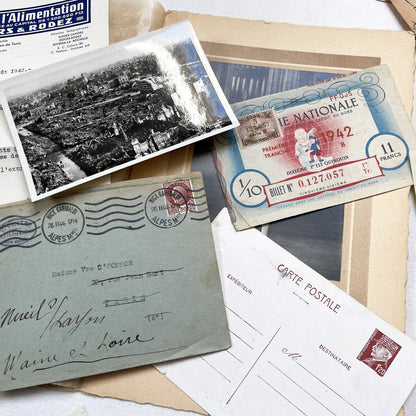 1940s - French WWII Era Ephemera - Vintage Documents Lot - Historical Paper Collection - Letters - Invoices - Postcards - Photos