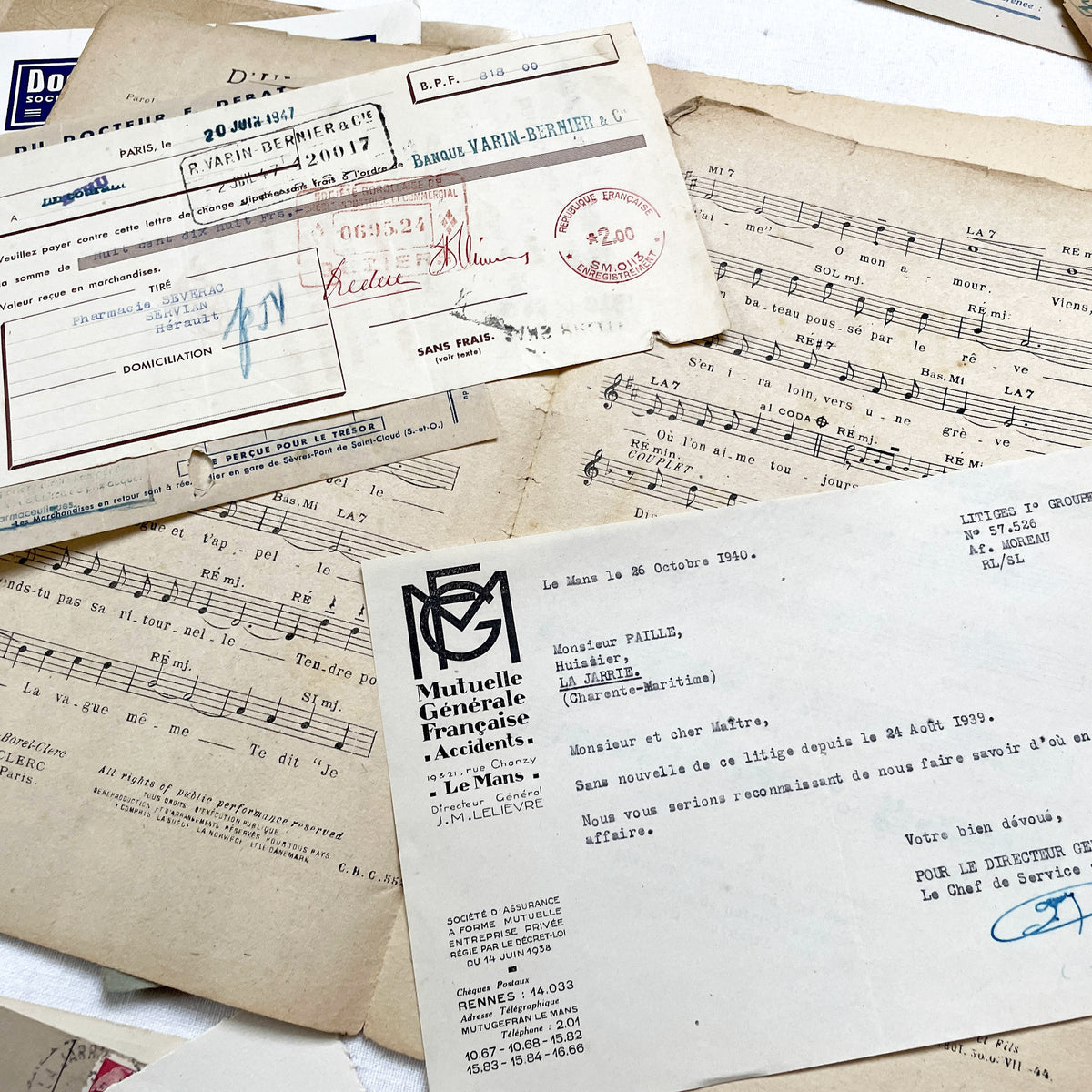 1940s - French WWII Era Ephemera - Vintage Documents Lot - Historical Paper Collection - Letters - Invoices - Postcards - Photos